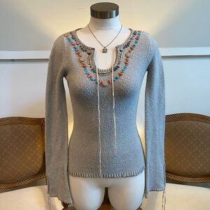 Y2K Gray Knit Boho Sweater w Colorful Beading & Bell Sleeves Indie Downtown Girl